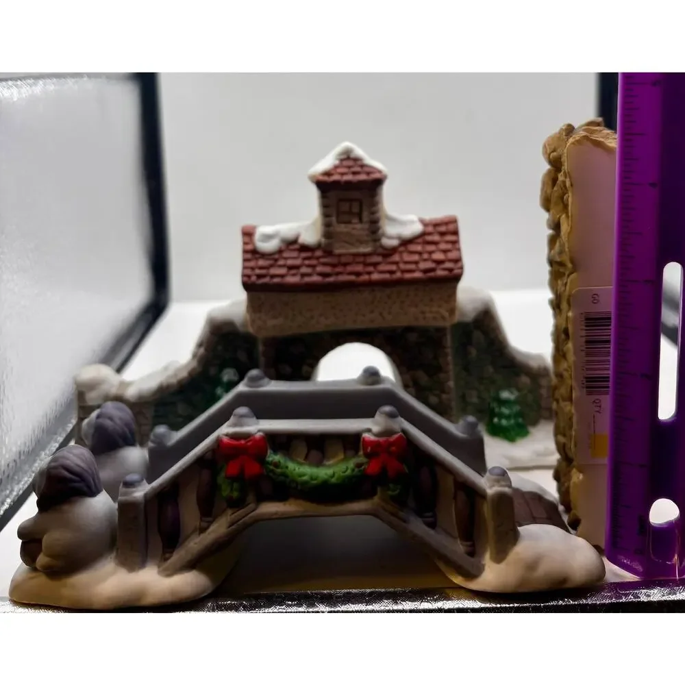 Lot of 3 Christmas Village Porcelain & Resin Clock Tower Gate, Bridge, Rock Wall